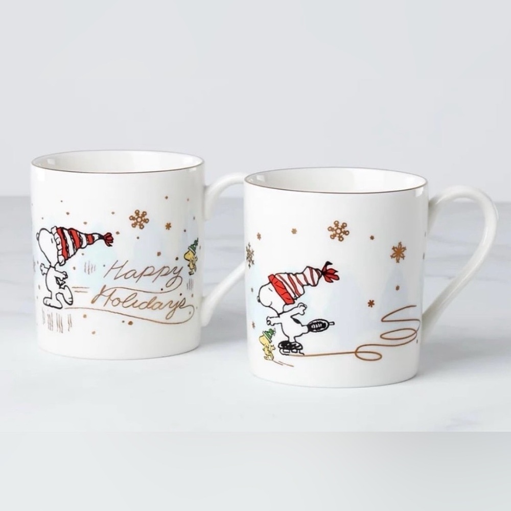 Lenox Peanuts Snoopy Skating Porcelain Mag Set of 2 -11oz. NIB. Dishwasher NWT.